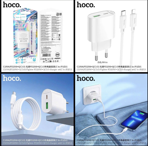 Bộ sạc HOCO C109A (CÓC MẪU MỚI c-l) sạc nhanh 20w+QC3.0 cóc 2 cổng 1U 1C kèm cáp Type C ra Iphone chính hãng