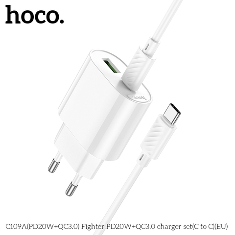 Bộ sạc HOCO C109 (C-C) MẪU MỚI sạc nhanh 20W+QC3.0 cóc 2 cổng 1 cổng USB 1 cổng Type C kèm cáp 2 đầu c chính hãng