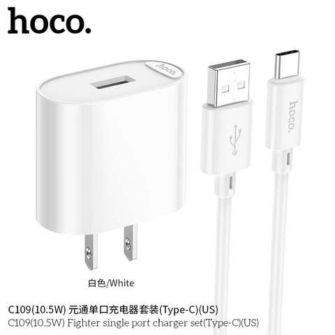 Bộ sạc 10.5W HOCO C109 (TypeC 10.5W) cóc 1 cổng USB kèm cáp usb ra Type C chính hãng [BH 1 Năm]
