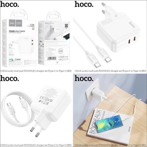 Bộ sạc nhanh 35W HOCO C110A (c-c) cóc 2 cổng Type C kèm cáp 2 đầu Type C chính hãng