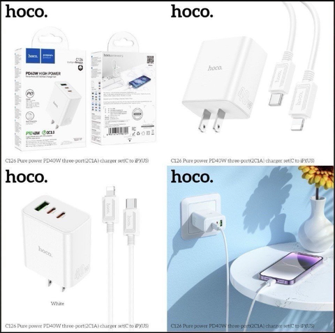 Bộ sạc nhanh PD40w Hoco C126 (c-l) cóc 3 cổng (1A 2C) kèm cáp Type C ra iphone c-l chính hãng [BH 1 Năm]