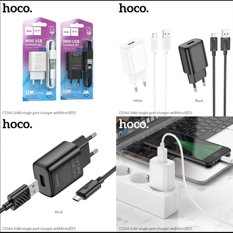 Bộ sạc nhanh 12w HOCO C134A Micro cóc 1 cổng USB kèm cáp Usb ra Micro chính hãng