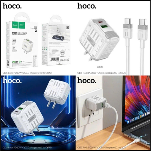 Bộ sạc HOCO C135 sạc nhanh 20w+Qc3.0 cóc 2 cổng 1U 1C kèm cáp 2 đầu Type C chính hãng