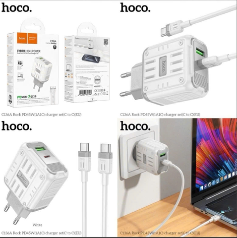 Bộ sạc nhanh 45w HOCO C136A (c-c) cóc 2 cổng 1U 1C kèm cáp 2 đầu Type C chính hãng