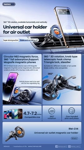Giá đỡ điện thoại trên xe hơi oto REMAX RM-C14 kẹp khe máy lạnh hít nam châm từ tính siêu đẹp [NONE]