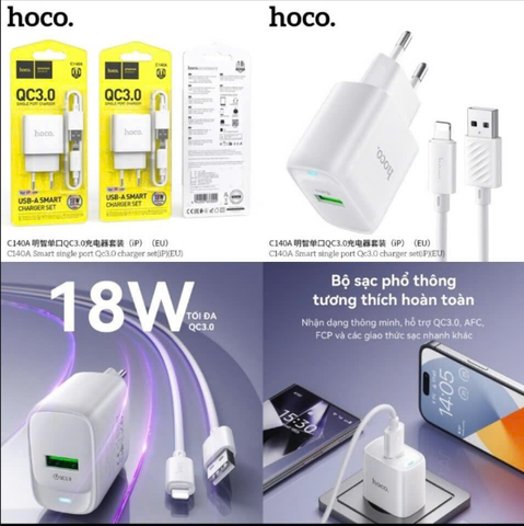 Bộ sạc nhanh 18w HOCO C140A iphone [cóc 1 cổng Usb kèm cáp Usb ra Iphone (A-L)] cóc có đèn led báo sạc siêu tiện lợi