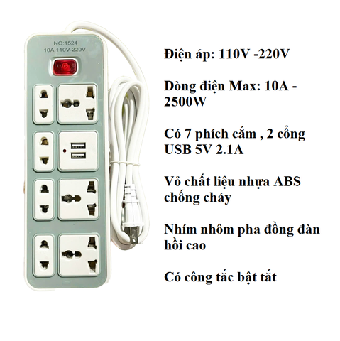 Ổ cắm điện đa năng NO.1524 2 cổng usb + 4 ổ 2 chấu + 3 ổ 3 chấu (295cm)- ổ cắm xám [BH 1 tuần] [BH 1 tuần]