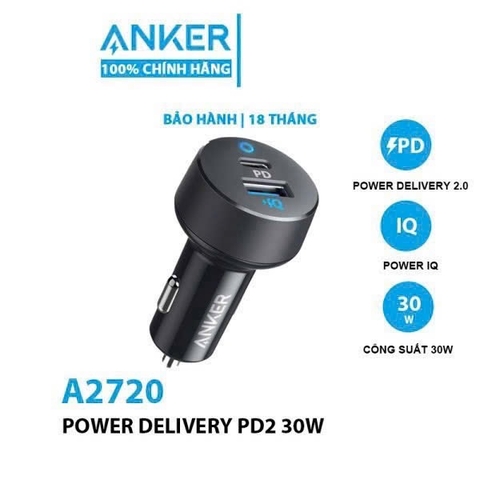 Cóc, tẩu sạc xe hơi nhanh 30W ANKER A2720  2 cổng (1 cổng usb + 1 cổng Type C) chính hãng [BH: 1 NĂM]