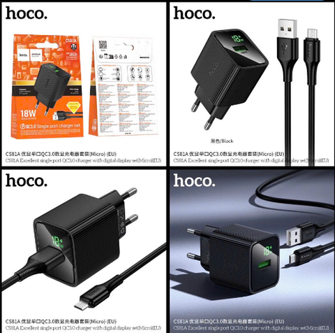 Bộ sạc nhanh 18w HOCO CS81A Micro cóc 1 cổng USB có màn LCD kèm cáp USB ra Micro chính hãng