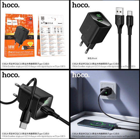 Bộ sạc nhanh 18w HOCO CS81A Type C cóc 1 cổng USB có màn LCD kèm cáp USB ra Type C chính hãng