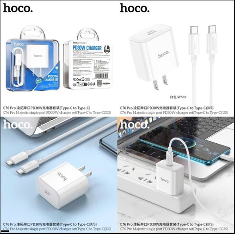 Bộ sạc nhanh 30W C76 PRO cóc 1 cổng Type C kèm cáp 2 đầu Type C chính hãng [BH 1 Năm]