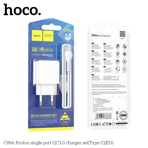 Bộ sạc nhanh 18w HOCO C98A cóc 1 cổng usb kèm cáp Usb ra Type C chính hãng [Bh 1 năm]