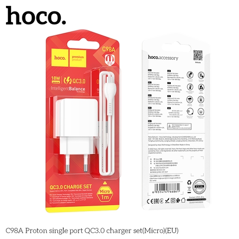 Bộ sạc nhanh 18w QC3.0 HOCO C98A usb ra micro samsung cóc 1 cổng usb kèm cáp usb ra micro chính hãng [BH 1 năm]