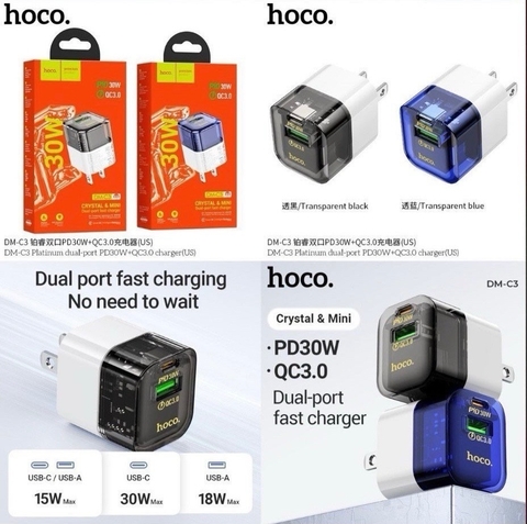 Cóc sạc nhanh PD30W+ QC3.0 Hoco DM-C3 2 cổng (1 cổng USB QC3.0 + 1 Cổng Type C PD30W)  chính hãng [BH: 1 NĂM]