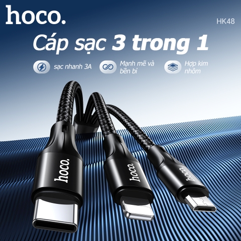 Cáp sạc nhanh 3A HOCO HK48 3 đầu sạc đa năng usb ra 3 đầu Micro Type C Iphone dây dù chống đứt chính hãng