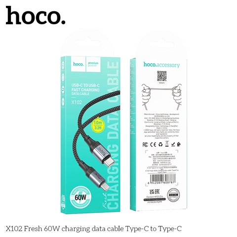 Cáp sạc nhanh 60w HOCO X102 (c-c) 2 đầu type-c ra typec chính hãng [BH 1 năm]