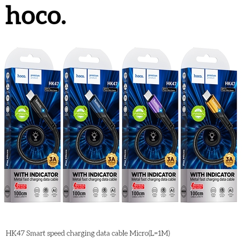 Cáp sạc nhanh MICRO 3A Hoco HK47 1M có đèn led báo sạc (usb ra Micro 1 mét) chính hãng [BH 1 NĂM]
