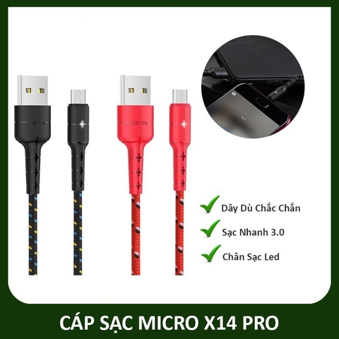 SALE Cáp sạc nhanh 3A HOCO X14 PRO Micro 2m (usbA ra Micro; a-m) có đèn led báo đầy tự ngắt chính hãng [BH 1 tháng]