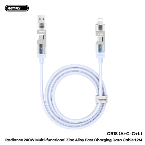 Cáp sạc đa năng 4 đầu REMAX CB18 cáp USB/Type C ra Type C/Iphone (A+C ra C+L) sạc nhanh 240w dài 1m2 chính hãng