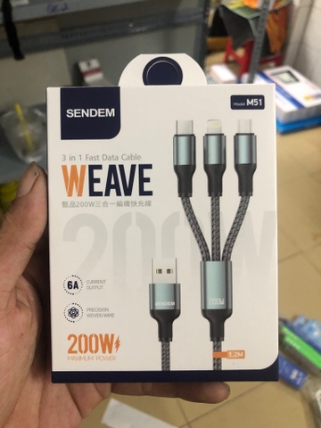 Cáp sạc nhanh 200w Sendem M51 3 đầu 6A đa năng Weave 1.2m chính hãng [BH 6 tháng]
