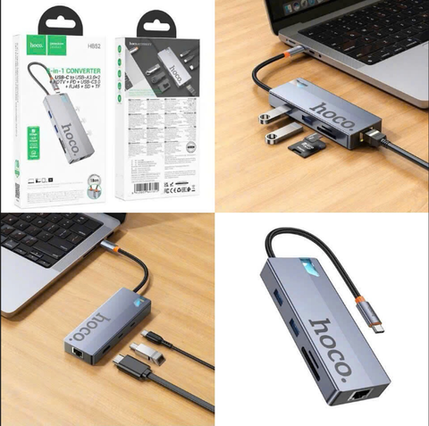 Bộ chuyển đổi đa năng HOCO HB52 TYPE C 8in1 chuyển từ cổng Type C sang HDMI, Lan,PD, TypeC 3.0, 2 USB 3.0, SD, TF chính hãng