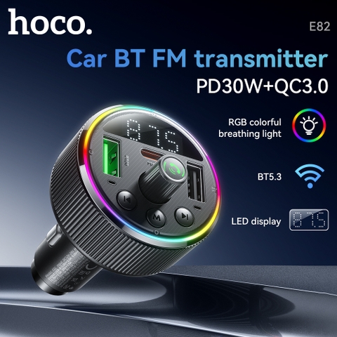 Cóc sạc nhanh 30w xe hơi HOCO E82 phát FM Bluetooth, led RGB, tẩu 1 cổng Type C, 2 cổng USB chính hãng [BH 1 năm]
