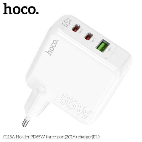 Cóc sạc nhanh 65w HOCO C115A (2C1A) (2 cổng type-c PD vs 1 cổng usb QC3.0) đa năng 3 cổng chính hãng [BH 1 năm]