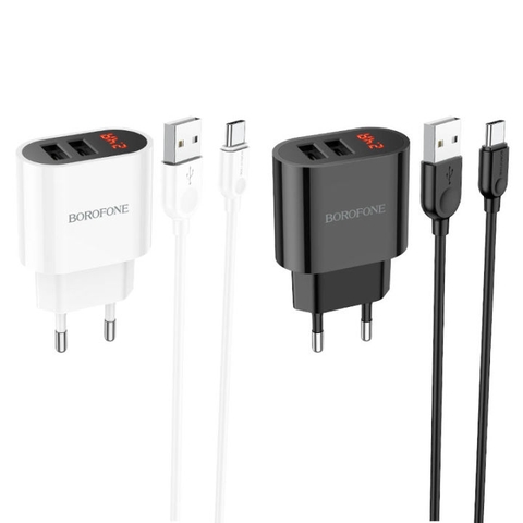 Bộ sạc nhanh 12w Borofone Ba63a (cáp usb ra type-c, cóc 2 cổng usb) có led LCD chính hãng [BH 1 năm]