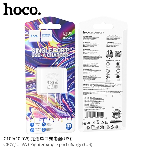Cốc sạc 10.5w Hoco  C109 US 1 cổng UsbA chính hãng