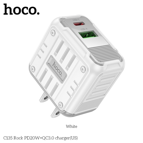Cóc sạc nhanh 20w HOCO C135 Rock (1C 1U: 1 cổng type-c PD vs 1 cổng usb QC3.0) chính hãng [BH 1 năm]