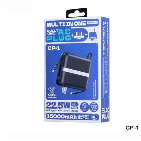 Pin sạc dự phòng REMAX CP-1 15.000mAh sạc nhanh 22.5w pin có màn LCD kèm cáp liền pin, phích cắm 220v tiện lợi