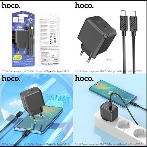 Bộ sạc nhanh 30w HOCO CS15A (C-C) cóc 1 cổng Type C kèm cáp 2 đầu Type C chính hãng