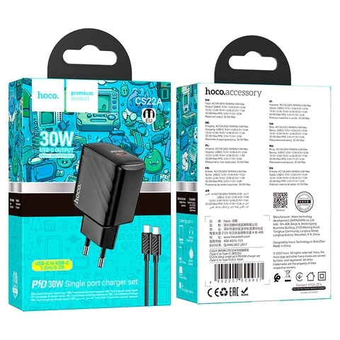 Bộ sạc nhanh 30w HOCO CS22A (c-c) cóc 1 cổng Type C kèm cáp 2 đầu Type C chính hãng