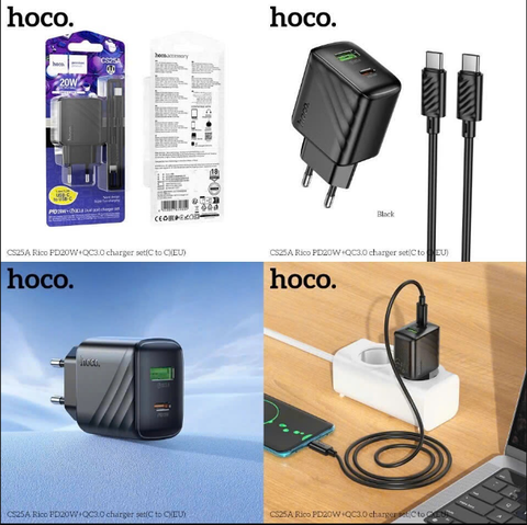 Bộ sạc HOCO CS25A (c-c) sạc nhanh 20w+QC3.0 cóc 2 cổng 1U 1C kèm cáp 2 đầu Type C chính hãng