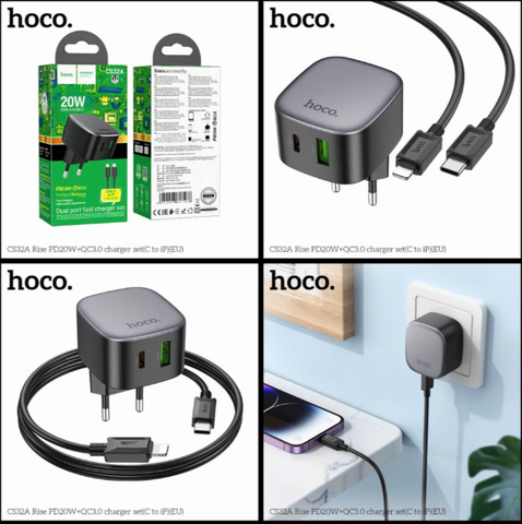 Bộ sạc nhanh 20w HOCO BS32A (c-l) cóc 2 cổng (1 usb 1 Type C) kèm cáp Type ra Iphone (C-L) chính hãng [BH 1 Năm]