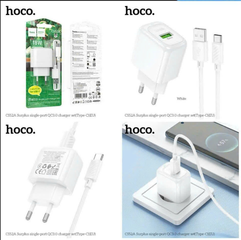 Bộ sạc nhanh 18W HOCO CS52A Type C cóc 1 cổng USB kèm cáp USB ra Type C chính hãng