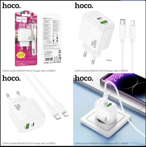 Bộ sạc nhanh 20w HOCO CS54A cóc 2 cổng (1 Usb 1 TypeC) kèm cáp Type C ra Iphone (C-L) chính hãng