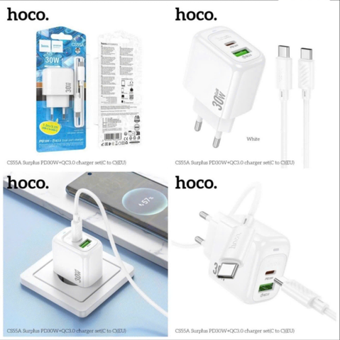 Bộ sạc HOCO CS55A (c-c) sạc nhanh 30w+QC3.0 cóc 2 cổng 1U 1C kèm cáp 2 đầu Type C chính hãng