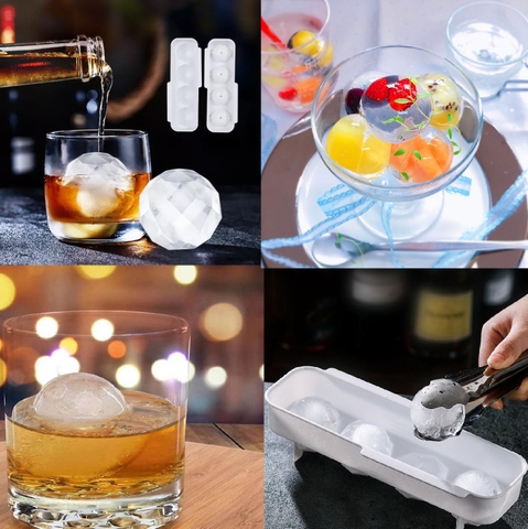 Khuôn 4 ô làm đá viên, thạch hình cầu có nắp {dụng cụ làm bếp}