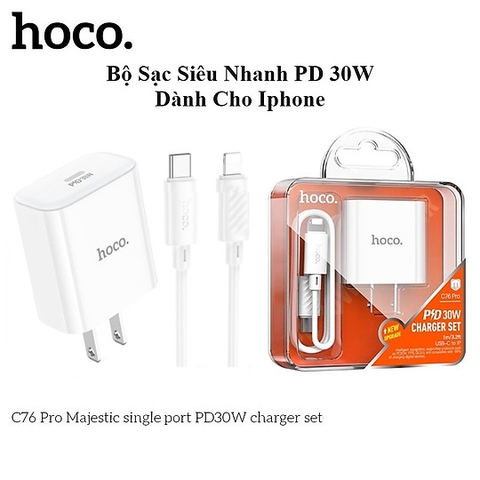 Bộ sạc nhanh 30W Hoco C76 PRO PD (cóc 1 cổng Type-C, cáp type c ra iphone lightning) chính hãng [BH 1 năm]