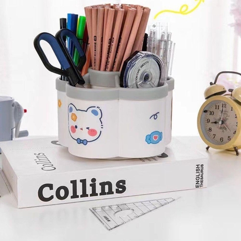 Hộp GẤU THỎ đựng bút, viết, thước, mỹ phẩm đế xoay 360 độ hình Hoa 5 cánh [BH: None]