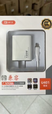 Bộ sạc nhanh 120w Super VOOC BYZ U401 3C (cáp usb ra type-c, cóc 1 cổng usb) chính hãng [BH 6 tháng] / pktn sale