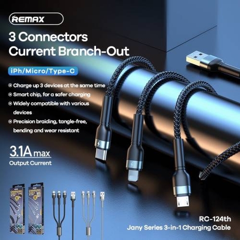 Cáp sạc nhanh 3 đầu Remax RC-124th đa năng chính hãng [BH 1 Năm]