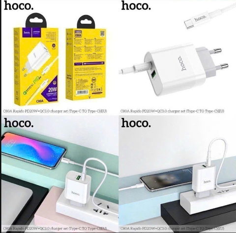 Bộ sạc nhanh 20w HOCO C80A (c-c) cóc 2 cổng 1 cổng sạc usb 1 cổng sạc Type C kèm cáp 2 đầu Type C chính hãng