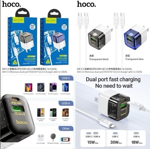 Bộ sạc nhanh 30w Hoco DM-C3 (c-c) (cóc 1 cổng usb và 1 cổng type c, cáp 2 đầu type-c ra type-c) chính hãng [BH: 1 NĂM]