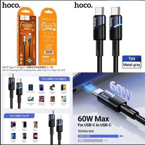 Cáp sạc nhanh 60w HOCO DM-X7 (C-C) cáp dây dù Type C ra Type C (2 đầu TypeC) chính hãng