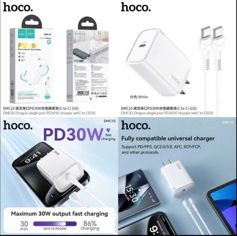 Bộ sạc nhanh 30w HOCO DMC10 cóc 1 cổng Type C kèm cáp 2 đầu Type C (C-C) chính hãng