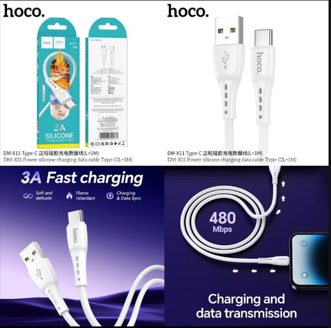 Cáp sạc nhanh 3A HOCO DM-X11 Usb ra Type C dây silicone chống cháy chính hãng