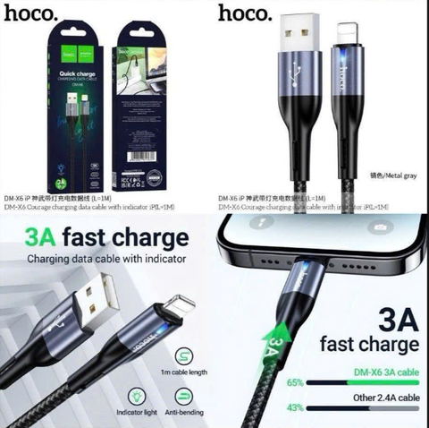 Cáp sạc nhanh 3A HOCO DM-X6 cáp Usb ra Iphone dây dù có led siêu đẹp