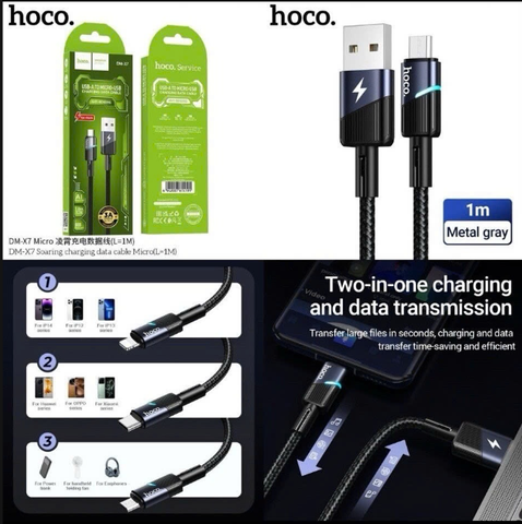 Cáp sạc nhanh 3A HOCO DM-X7 Usb ra Micro có đèn led báo sạc siêu đẹp